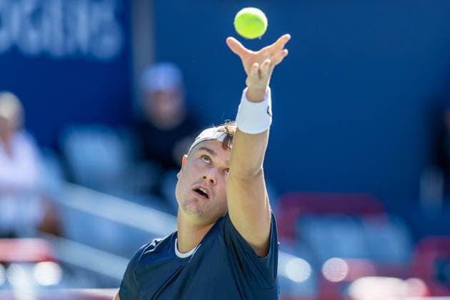 August 10, 2024, Montreal, Quebec, Canada: HOLGER RUNE from Denmark serving in first set against ALEXANDER ZVEREV from Germany in third round of Canadian Open at IGA Stadium in Montreal, Quebec, Canada Montreal Canada - ZUMAl189 20240810_zsp_l189_035 Copyright: xYannickxLegarex