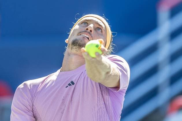 August 10, 2024, Montreal, Quebec, Canada: ALEXANDER ZVEREV from Germany serving in first set against Holger Rune from Denmark in third round of Canadian Open at IGA Stadium in Montreal, Quebec, Canada Montreal Canada - ZUMAl189 20240810_zsp_l189_037 Copyright: xYannickxLegarex