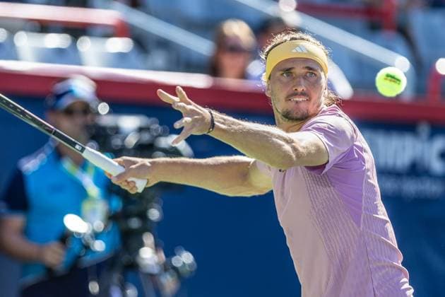 August 10, 2024, Montreal, Quebec, Canada: ALEXANDER ZVEREV from Germany returning ball in first set against Holger Rune from Denmark in third round of Canadian Open at IGA Stadium in Montreal, Quebec, Canada Montreal Canada - ZUMAl189 20240810_zsp_l189_041 Copyright: xYannickxLegarex