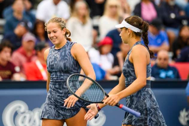 August 10, 2024, Toronto, On, Canada: Ariana Arseneault (left) and Mia Kupres of Canada celebrate during their doubles match against Gabriela Dabrowski of Canada and Erin Routliffe of New Zealand at the National Bank Open in Toronto on Saturday, August 10, 2024. Canada News - August 10, 2024  - ZUMAc35_ 20240810_zaf_c35_239 Copyright: xChristopherxKatsarovx