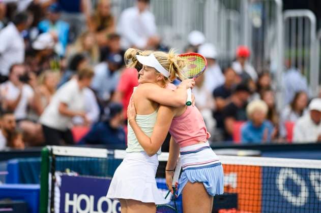 August 10, 2024, Toronto, On, Canada: Gabriela Dabrowski of Canada and Erin Routliffe of New Zealand celebrate their doubles match win over Ariana Arseneault and Mia Kupres of Canada at the National Bank Open in Toronto on Saturday, August 10, 2024. Canada News - August 10, 2024  - ZUMAc35_ 20240810_zaf_c35_237 Copyright: xChristopherxKatsarovx