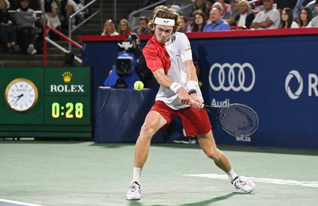August 10, 2024, Montreal, Pq, Canada: Andrey Rublev of Russia runs the ball down during his quarter-final match against Jannik Sinner of Italy at the National Bank Open tennis tournament in Montreal, Saturday, August 10, 2024. Andrey Rublev, Jannik Sinner,  - ZUMAc35_ 20240810_zaf_c35_254 Copyright: xGrahamxHughesx