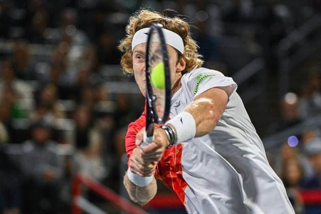 August 10, 2024, Montreal, Pq, Canada: Andrey Rublev of Russia runs the ball down during his quarter-final match against Jannik Sinner of Italy at the National Bank Open tennis tournament in Montreal, Saturday, August 10, 2024. Andrey Rublev, Jannik Sinner,  - ZUMAc35_ 20240810_zaf_c35_255 Copyright: xGrahamxHughesx