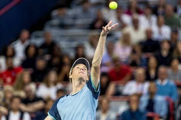 August 10, 2024, Montreal, Quebec, Canada: JANNIK SINNER from Italia serving in first set against ANDREY RUBLEV in quarter final of Canadian Open at IGA Stadium in Montreal, Quebec, Canada Montreal Canada - ZUMAl189 20240810_zsp_l189_056 Copyright: xYannickxLegarex