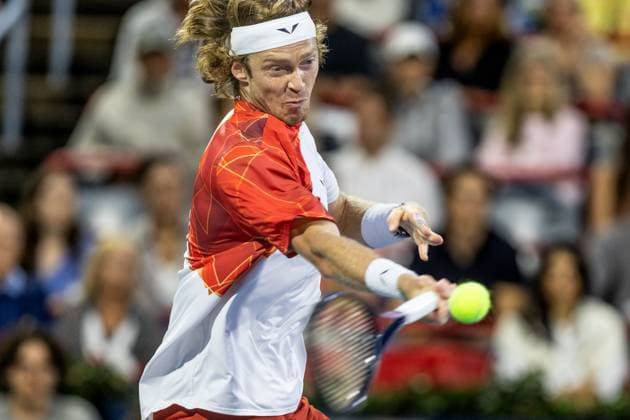 August 10, 2024, Montreal, Quebec, Canada: ANDREY RUBLEV forehand shot in first set against Jannik Sinner from Italia in quarter final of Canadian Open at IGA Stadium in Montreal, Quebec, Canada Montreal Canada - ZUMAl189 20240810_zsp_l189_058 Copyright: xYannickxLegarex