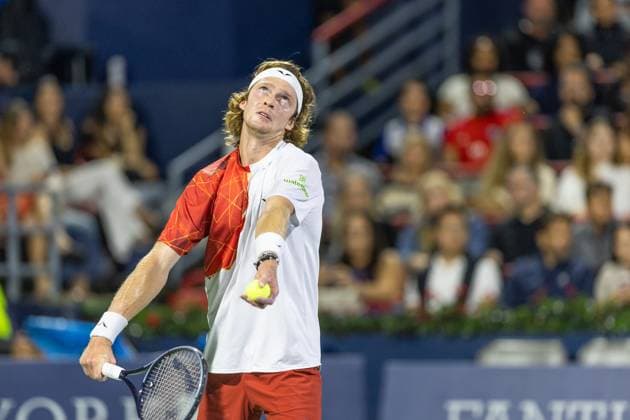 August 10, 2024, Montreal, Quebec, Canada: ANDREY RUBLEV serving in first set against Jannik Sinner from Italia in quarter final of Canadian Open at IGA Stadium in Montreal, Quebec, Canada Montreal Canada - ZUMAl189 20240810_zsp_l189_069 Copyright: xYannickxLegarex