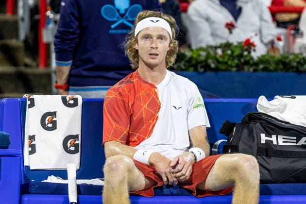 August 10, 2024, Montreal, Quebec, Canada: ANDREY RUBLEV sitting at is bench between point in first set against Jannik Sinner from Italia in quarter final of Canadian Open at IGA Stadium in Montreal, Quebec, Canada Montreal Canada - ZUMAl189 20240810_zsp_l189_057 Copyright: xYannickxLegarex