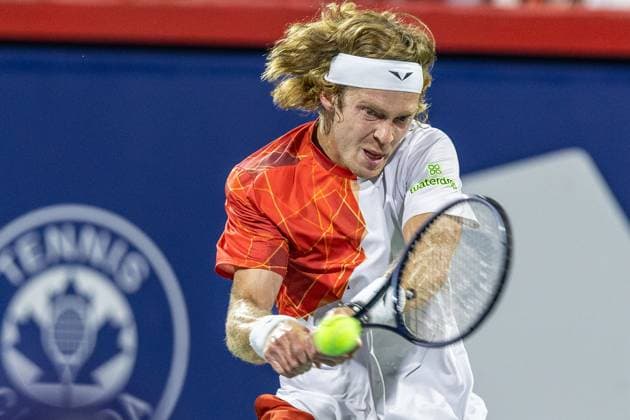 August 10, 2024, Montreal, Quebec, Canada: ANDREY RUBLEV backhand shot in first set against Jannik Sinner from Italia in quarter final of Canadian Open at IGA Stadium in Montreal, Quebec, Canada Montreal Canada - ZUMAl189 20240810_zsp_l189_067 Copyright: xYannickxLegarex