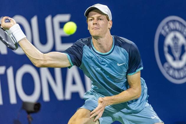 August 10, 2024, Montreal, Quebec, Canada: JANNIK SINNER from Italia returning ball in first set against Andrey Rublev in quarter final of Canadian Open at IGA Stadium in Montreal, Quebec, Canada Montreal Canada - ZUMAl189 20240810_zsp_l189_066 Copyright: xYannickxLegarex
