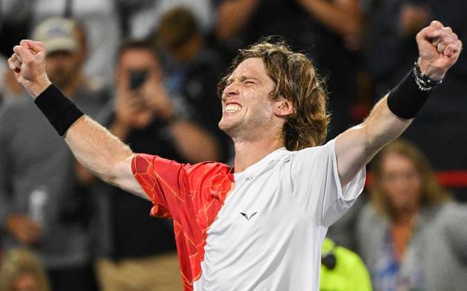 August 10, 2024, Montreal, Pq, Canada: Andrey Rublev of Russia reacts after defeating Jannik Sinner of Italy in their quarter-final match against at the National Bank Open tennis tournament in Montreal, Saturday, August 10, 2024. Andrey Rublev, Jannik Sinner,  - ZUMAc35_ 20240810_zaf_c35_273 Copyright: xGrahamxHughesx