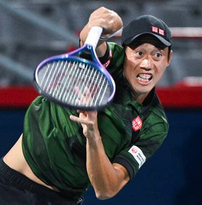 August 10, 2024, Montreal, Pq, Canada: Kei Nishikori of Japan serves to Matteo Arnaldi of Italy during their quarter-final match at the National Bank Open tennis tournament in Montreal, Saturday, August 10, 2024. Matteo Arnaldi, Kei Nishikori,  - ZUMAc35_ 20240810_zaf_c35_283 Copyright: xGrahamxHughesx
