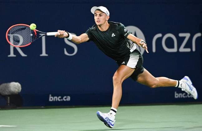 August 10, 2024, Montreal, Pq, Canada: Matteo Arnaldi of Italy plays a shot to Kei Nishikori of Japan during their quarter-final match at the National Bank Open tennis tournament in Montreal, Saturday, August 10, 2024. Matteo Arnaldi, Kei Nishikori,  - ZUMAc35_ 20240810_zaf_c35_288 Copyright: xGrahamxHughesx