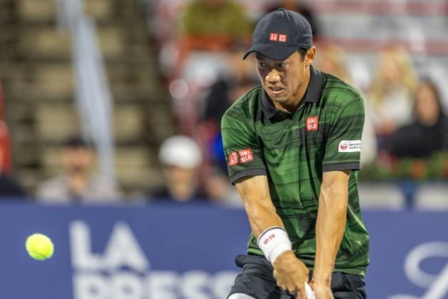 August 10, 2024, Montreal, Quebec, Canada: KEI NISHIKORI from Japan returning ball in first set against Matteo Arnaldi from Italia in quarter final of Canadian Open at IGA Stadium in Montreal, Quebec, Canada Montreal Canada - ZUMAl189 20240810_zsp_l189_072 Copyright: xYannickxLegarex