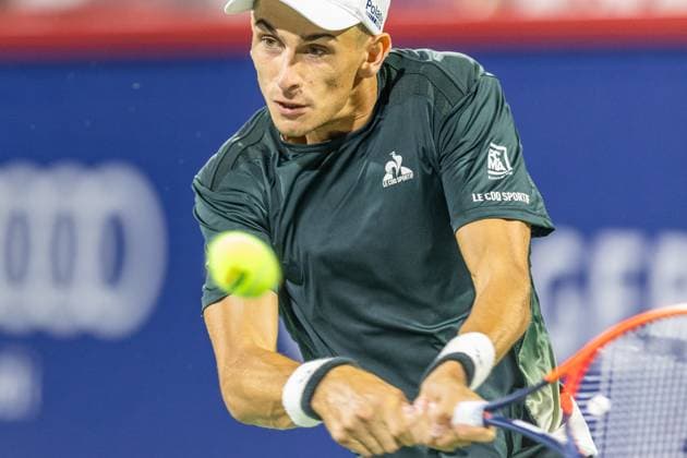 August 10, 2024, Montreal, Quebec, Canada: MATTEO ARNALDI from Italia backhand shot in first set against Kei Nishikori from Japan in quarter final of Canadian Open at IGA Stadium in Montreal, Quebec, Canada Montreal Canada - ZUMAl189 20240810_zsp_l189_084 Copyright: xYannickxLegarex