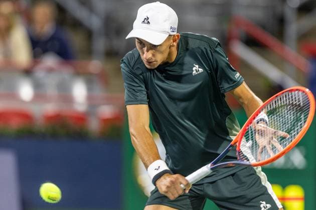 August 10, 2024, Montreal, Quebec, Canada: MATTEO ARNALDI from Italia backhand in first set against Kei Nishikori from Japan in quarter final of Canadian Open at IGA Stadium in Montreal, Quebec, Canada Montreal Canada - ZUMAl189 20240810_zsp_l189_086 Copyright: xYannickxLegarex