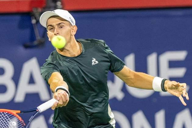 August 10, 2024, Montreal, Quebec, Canada: MATTEO ARNALDI from Italia returning ball against Kei Nishikori from Japan in first set in quarter final of Canadian Open at IGA Stadium in Montreal, Quebec, Canada Montreal Canada - ZUMAl189 20240810_zsp_l189_074 Copyright: xYannickxLegarex