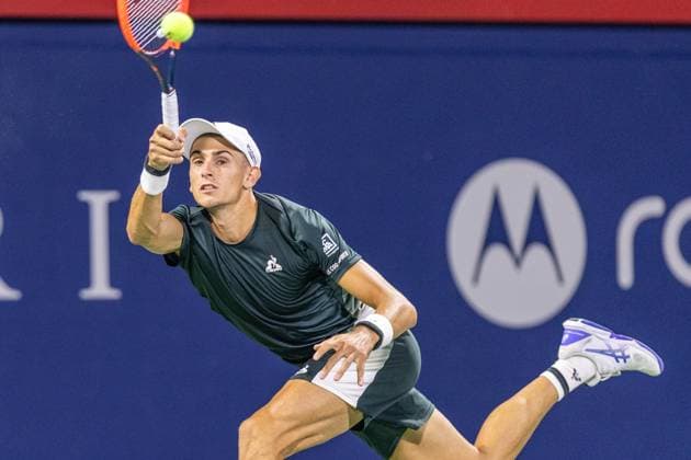 August 10, 2024, Montreal, Quebec, Canada: MATTEO ARNALDI from Italia returning ball against Kei Nishikori from Japan in first set in quarter final of Canadian Open at IGA Stadium in Montreal, Quebec, Canada Montreal Canada - ZUMAl189 20240810_zsp_l189_076 Copyright: xYannickxLegarex