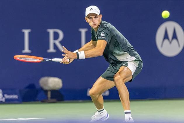 August 10, 2024, Montreal, Quebec, Canada: MATTEO ARNALDI from Italia returning ball in first set against Kei Nishikori from Japan in quarter final of Canadian Open at IGA Stadium in Montreal, Quebec, Canada Montreal Canada - ZUMAl189 20240810_zsp_l189_079 Copyright: xYannickxLegarex