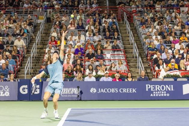 August 10, 2024, Montreal, Quebec, Canada: JANNIK SINNER from Italia serving with crowd in background in third set against Andrey Rublev in quarter final of Canadian Open at IGA Stadium in Montreal, Quebec, Canada Montreal Canada - ZUMAl189 20240810_zsp_l189_087 Copyright: xYannickxLegarex