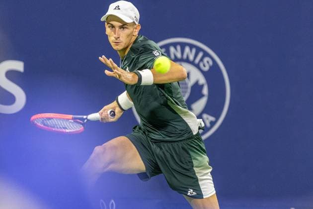August 10, 2024, Montreal, Quebec, Canada: MATTEO ARNALDI from Italia returning ball in first set against Kei Nishikori from Japan in quarter final of Canadian Open at IGA Stadium in Montreal, Quebec, Canada Montreal Canada - ZUMAl189 20240810_zsp_l189_088 Copyright: xYannickxLegarex