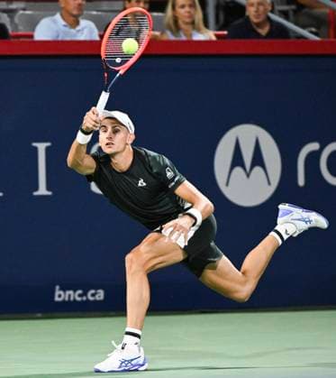 August 10, 2024, Montreal, Pq, Canada: Matteo Arnaldi of Italy plays a shot to Kei Nishikori of Japan during their quarter-final match at the National Bank Open tennis tournament in Montreal, Saturday, August 10, 2024. Matteo Arnaldi, Kei Nishikori,  - ZUMAc35_ 20240810_zaf_c35_299 Copyright: xGrahamxHughesx