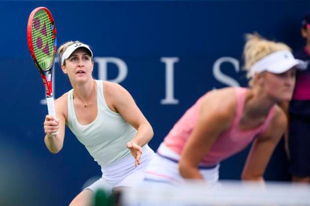 August 10, 2024, Toronto, On, Canada: Gabriela Dabrowski of Canada watches a shot during a doubles match with partner Erin Routliffe of New Zealand against Ariana Arseneault and Mia Kupres of Canada at the National Bank Open in Toronto on Saturday August 10, 2024. Canada News - August 10, 2024  - ZUMAc35_ 20240810_zaf_c35_303 Copyright: xChristopherxKatsarovx