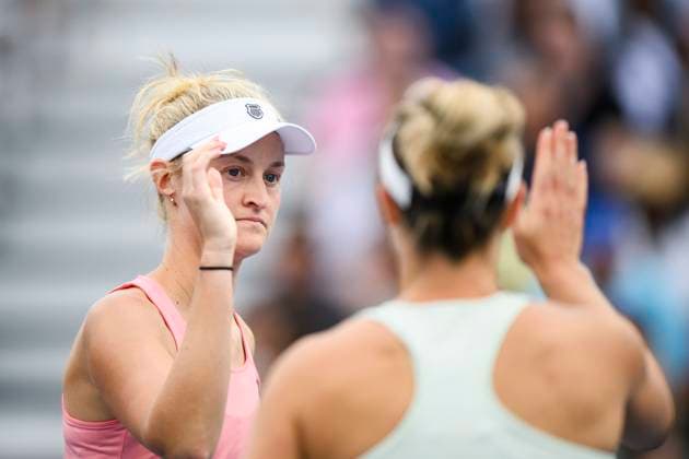 August 10, 2024, Toronto, On, Canada: Erin Routliffe of New Zealand (left) celebrates with Gabriela Dabrowski of Canada during their match against Ariana Arseneault and Mia Kupres of Canada at the National Bank Open in Toronto on Saturday August 10, 2024. Canada News - August 10, 2024  - ZUMAc35_ 20240810_zaf_c35_302 Copyright: xChristopherxKatsarovx