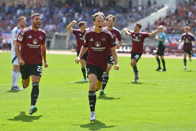 Goaljuebl Caspar JANDER 1 FC Nuernberg after goal to 2 1,li Enrico VALENTINI 1 FC Nuernberg , jubilation,joy,enthusiasm,action Football 2 Bundesliga 1 FC Nuernberg FC Schalke 04 3 1 2 Matchday on 10 08 2023 Max Morlock Stadium Nuernberg, Season 2024 25