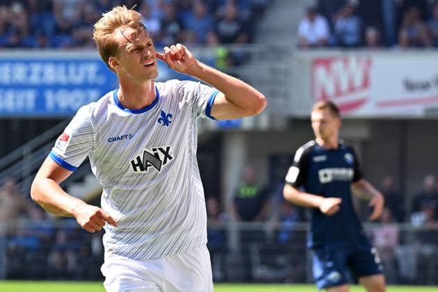 Paderborn, Home Deluxe Arena, 11 08 24, GER, Herren, 2 Bundesliga, Saison 2024 2025, SC Paderborn 07 SV Darmstadt 98 Bild Oscar VILHELMSSON Darmstadt jubilates after his goal to 0 1 Only for editorial use DFL regulations prohibit any use of photographs as image sequences and or quasi video NRW Deutschland
