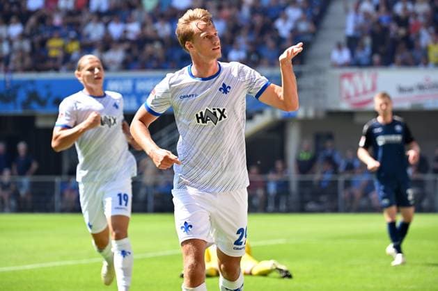 Paderborn, Home Deluxe Arena, 11 08 24, GER, Herren, 2 Bundesliga, Saison 2024 2025, SC Paderborn 07 SV Darmstadt 98 Bild Oscar VILHELMSSON Darmstadt jubilates after his goal to 0 1 Only for editorial use DFL regulations prohibit any use of photographs as image sequences and or quasi video NRW Deutschland