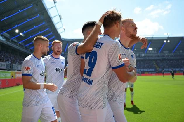 Paderborn, Home Deluxe Arena, 11 08 24, GER, Herren, 2 Bundesliga, Saison 2024 2025, SC Paderborn 07 SV Darmstadt 98 Bild Oscar VILHELMSSON Darmstadt jubilates after his goal to 0 1 Only for editorial use DFL regulations prohibit any use of photographs as image sequences and or quasi video NRW Deutschland