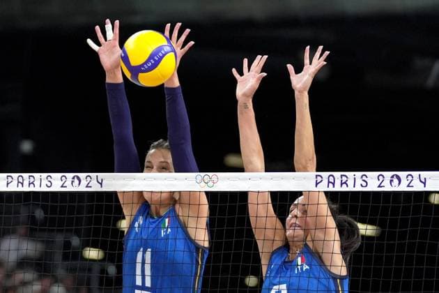 Italy s Anna Danesi and Italy s Caterina Bosetti during Women s Volleyball Final match between Italy and United States at the 2024 Summer Olympics, Sunday, August 11, 2024 in Paris, France.  Copyright: xSpada LaPressex