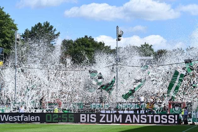 Soccer 2 Bundesliga 2 Matchday SC Preußen Münster Hannover 96 on 11 08 2024 at Preußenstadion in Münster Choreography in the fan block of Preußen Münster DFL regulations prohibit any use of photographs as image sequences and or quasi video xRx