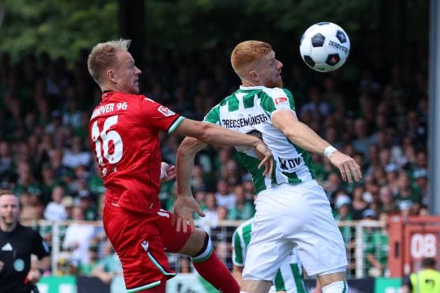 GER, Preussen Muenster vs Hannover 96, Football, 2 Liga, 2 Matchday, Season 2024 2025, 11 08 2024 Havard Nielen Hannover 96, 16 Mikkel Kirkeskov Preussen Muenster, 2 DFL REGULATIONS PROHIBIT ANY USE OF PHOTOGRAPHS AS IMAGE SEQUENCES AND OR QUASI VIDEO GER, Preussen Muenster vs Hannover 96, Football, 2 Liga, 2 Matchday, Season 2024 2025, 11 08 2024 Muenster Copyright: xEibner-Pressefoto xFrankxZeisingx EP_FZG