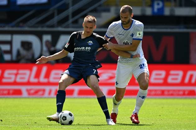 Paderborn, Home Deluxe Arena, 11 08 24, GER, Men, 2 Bundesliga, Saison 2024 2025, SC Paderborn 07 SV Darmstadt 98 Picture from left in duel Filip BILBIJA Paderborn and Aleksandar VUKOTIC Darmstadt Only for editorial use DFL regulations prohibit any use of photographs as image sequences and or quasi video NRW Germany