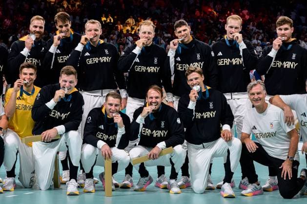 Paris, France Handball Olympic Mens Final Germany Denmark Goalkeeper Andreas Wolff Germany , Julian Köster Koester Germany , Justus Fischer Germany , Luca Witzke Germany , Sebastian Heymann Germany , Goalkeeper David Späth David Spaeth Germany , Johannes Golla Germany , Renars Uscins Germany , Christoph Steinert Germany , Lukas Mertens Germany , Kai Häfner Haefner Germany , Rune Dahmke Germany , Physio Peter Gräschus Germany Lille Stade Pierre Mauroy France
