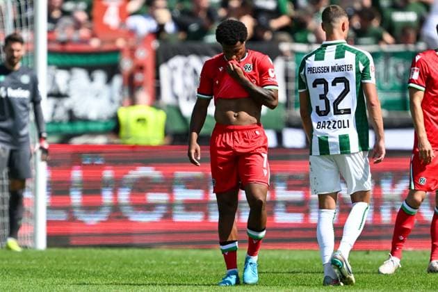 2 Bundesliga SC Preußen Münster Hannover 96 on 11 08 2024 at the Preußenstadion in Münster Jessic Ngankam Hannover 96 dissatisfied, disappointed, disappointed, dejected MT