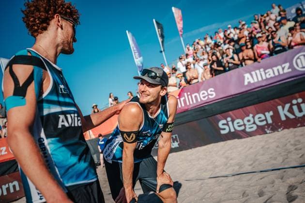 Beach volleyball men Allianz German Beach Tour 2024 Tourstop Kühlungsborn 11 08 2024 f l Max Just and Paul Henning are happy after winning the tournament Kühlungsborn beach at the pier Mecklenburg-Vorpommern Germany