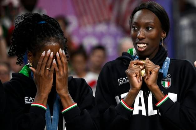 Myriam Fatime Sylla and Paola Ogechi Egonu of Italy celebrate at the end of the Volleyball gold medal match between United States of America and Italy of the Paris 2024 Olympic Games, Olympische Spiele, Olympia, OS at Arena Paris Sud 1 in Paris (France), August 11, 2024. Italy defeated United States 3-0 and won the gold medal.