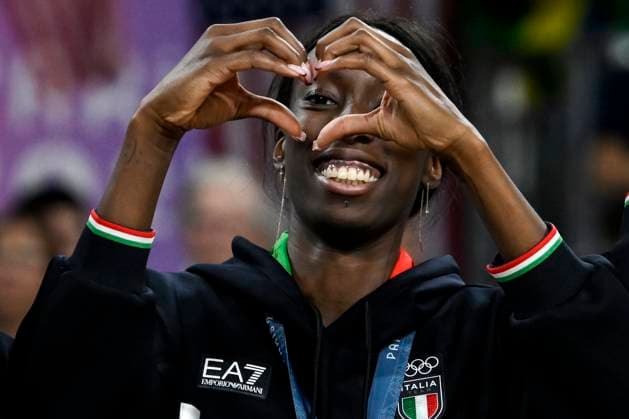 Paola Ogechi Egonu of Italy celebrates at the end of the Volleyball gold medal match between United States of America and Italy of the Paris 2024 Olympic Games, Olympische Spiele, Olympia, OS at Arena Paris Sud 1 in Paris (France), August 11, 2024. Italy defeated United States 3-0 and won the gold medal.