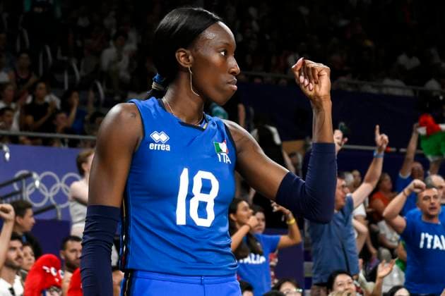 Paola Ogechi Egonu of Italy celebrates during the Volleyball gold medal match between United States of America and Italy of the Paris 2024 Olympic Games, Olympische Spiele, Olympia, OS at Arena Paris Sud 1 in Paris (France), August 11, 2024. Italy defeated United States 3-0 and won the gold medal.