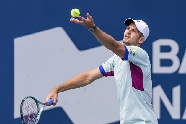 August 11, 2024, Montreal, Quebec, Canada: HUBERT HURKACZ from Poland serving in first set against Alexei Popyrin from Australia in quarter final of Canadian Open at IGA Stadium in Montreal, Quebec, Canada. View from opposite side of court Montreal Canada - ZUMAl189 20240811_zsp_l189_003 Copyright: xYannickxLegarex