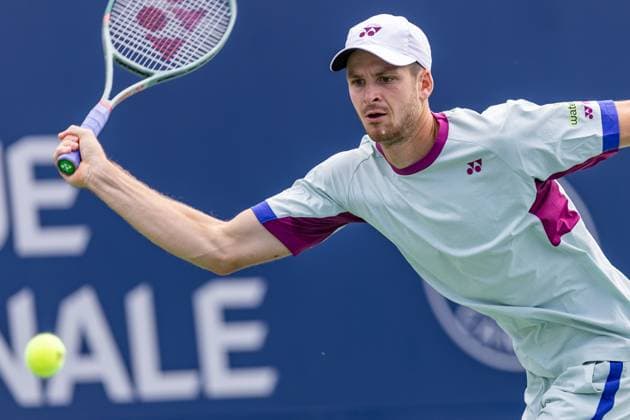 August 11, 2024, Montreal, Quebec, Canada: HUBERT HURKACZ from Poland returning ball in first set against Alexei Popyrin from Australia in quarter final of Canadian Open at IGA Stadium in Montreal, Quebec, Canada Montreal Canada - ZUMAl189 20240811_zsp_l189_007 Copyright: xYannickxLegarex