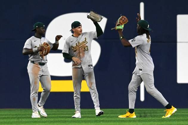 August 11, 2024, Toronto, On, Canada: From left to right, Oakland Athletics Daz Cameron, J.J. Bleday and Lawrence Butler celebrate after their victory over the Toronto Blue Jays in an MLB, Baseball Herren, USA baseball game in Toronto on Sunday, Aug 11, 2024. Daz Cameron, J.J. Bleday, Lawrence Butler  - ZUMAc35_ 20240811_zaf_c35_068 Copyright: xJonxBlackerx