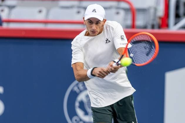 August 11, 2024, Montreal, Quebec, Canada: MATTEO ARNALDI from Italia returning ball in first set against ANDREY RUBLEV in semi final final of Canadian Open at IGA Stadium in Montreal, Quebec, Canada Montreal Canada - ZUMAl189 20240811_zsp_l189_026 Copyright: xYannickxLegarex