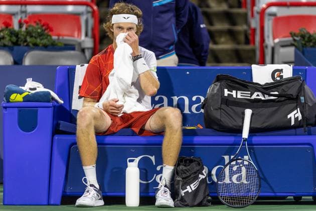 August 11, 2024, Montreal, Quebec, Canada: ANDREY RUBLEV siting at his place between point in second set against Matteo Arnaldi from Italia in semi final final of Canadian Open at IGA Stadium in Montreal, Quebec, Canada Montreal Canada - ZUMAl189 20240811_zsp_l189_037 Copyright: xYannickxLegarex