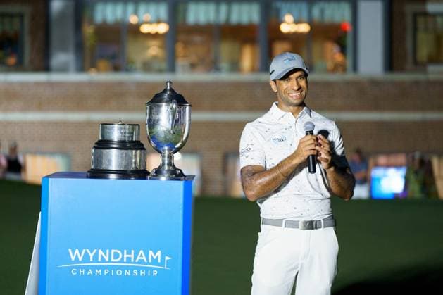 August 11, 2024, Greensboro, North Carolina, USA: AARON RAI speaks to the media after winning the 2024 Wyndham Championship at Sedgefield Country Club in Greensboro, NC. Greensboro USA - ZUMAb238 20240811_zsp_b238_009 Copyright: xJoshxBrownx