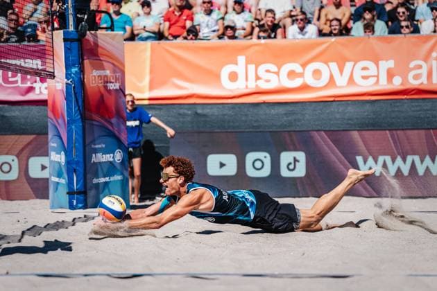 Beach volleyball men Allianz German Beach Tour 2024 Tourstop Kühlungsborn 11 08 2024 Max Just jumps to the ball Kühlungsborn beach at the pier Mecklenburg Vorpommern Germany