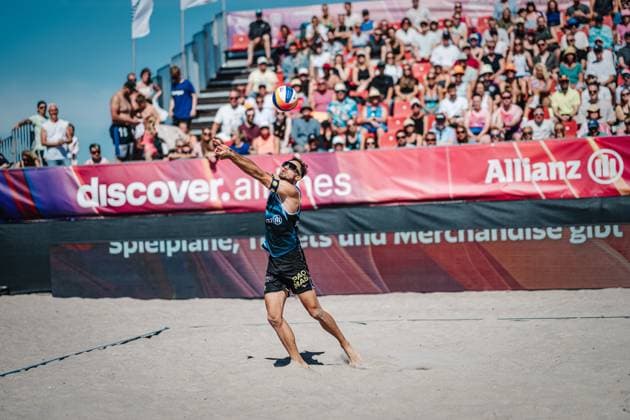 Beach volleyball men Allianz German Beach Tour 2024 Tourstop Kühlungsborn 11 08 2024 Jonas Sagstetter plays the ball Kühlungsborn beach at the pier Mecklenburg Western Pomerania Germany