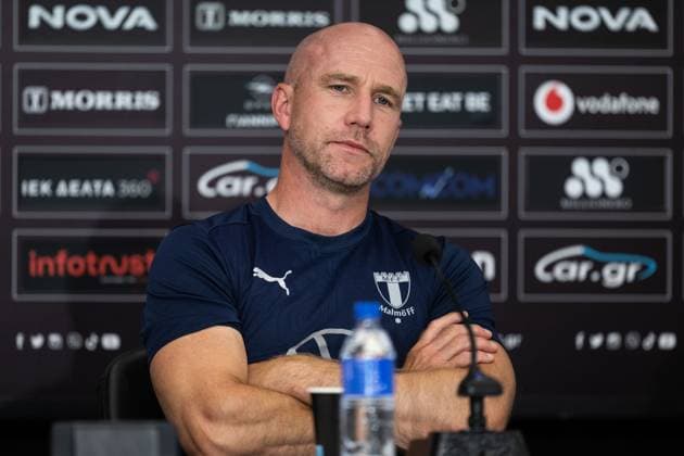 240812 Head coach Henrik Rydström of Malmö FF during a press conference with Malmö FF on August 12, 2024 in Thessaloniki Photo Mathilda Ahlberg BILDBYRAN kod MA MA0701 fotboll football soccer fotball champions league presskonferens press conference malmö ff bbeng  Copyright: MATHILDAxAHLBERG BB240812MA038
